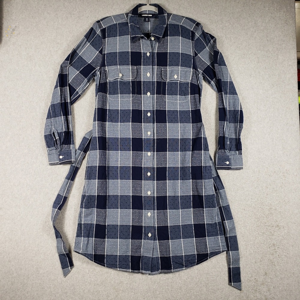 Lands' End Button‎ Front Dress Blue White Dark Refined Americana Academia Midi